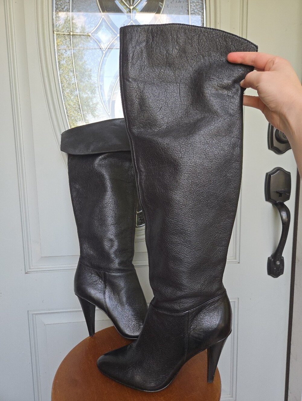 Calvin Klein Catrice Knee High Slouch Heeled Boots Black Leather - Picture 1 of 7